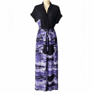 NÜ Denmark Abstract Maxi Shirt Dress Purple Black Tie Waist Pockets ECOVERO L